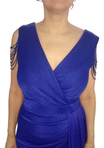 Saks Mavi Büyük Beden Omzu Boncuk Detaylı Kruvaze Yaka Boydan Balık Abiye Elbise indirimleri