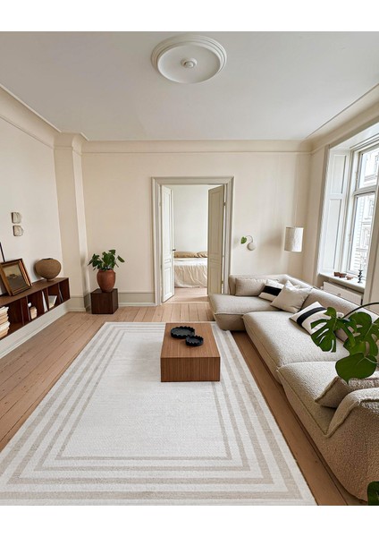 Gri Çerçeveli Etnik Modern Desenli Pamuk Makinada Yıkanabilir Hav Toz Vermez Leke Tutmayan Kaymaz Taban Dijital Makine Baskı Salon Yolluk Mutfak Halı modelleri