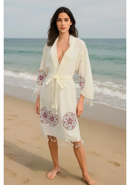 Plaj Giyim Ince ve Dökümlü Keten Bornoz Kaftan Kimono