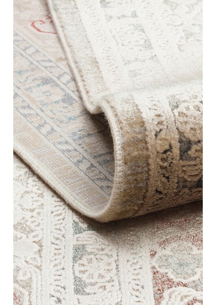 Çerçeveli Bej Viskon Dikdörtgen Modern Desenli Akrilik Hav Vermeyen Leke Tutmayan Kolay Temizlenen Yumuşak Makine Salon Yolluk Mutfak Halı