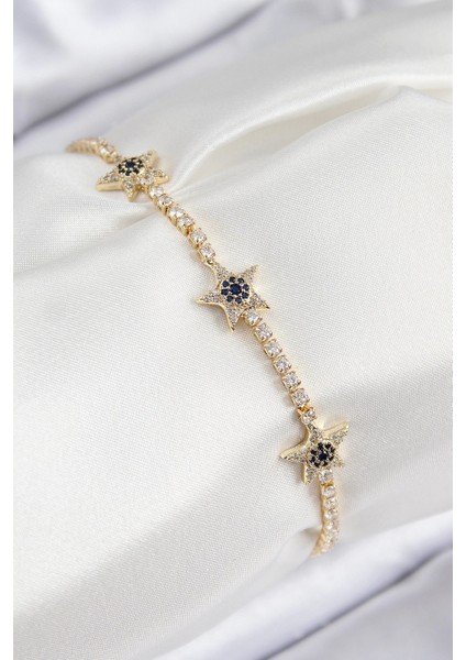 Pirinç Zirkon Taşlı Yıldız Model Gold Renk Kadın Bileklik