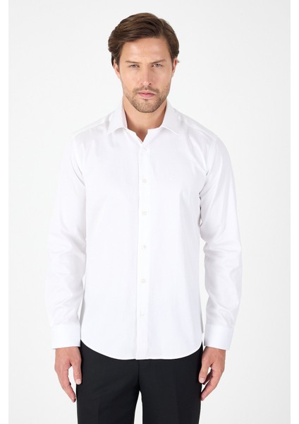 Beyaz Uzun Kol Sert Yaka Cepsiz Slim Fit %100 Pamuk Gömlek 1004250266 fırsatları