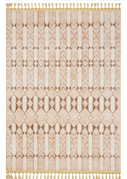 Pragya Bej Modern Etnik Desenli Kadife Makinada Yıkanabilir Hav Toz Vermez Leke Tutmayan Kaymaz Taban Dijital Makine Baskı Salon Yolluk Mutfak Halı