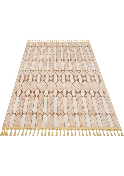 Pragya Bej Modern Etnik Desenli Kadife Makinada Yıkanabilir Hav Toz Vermez Leke Tutmayan Kaymaz Taban Dijital Makine Baskı Salon Yolluk Mutfak Halı fiyatları