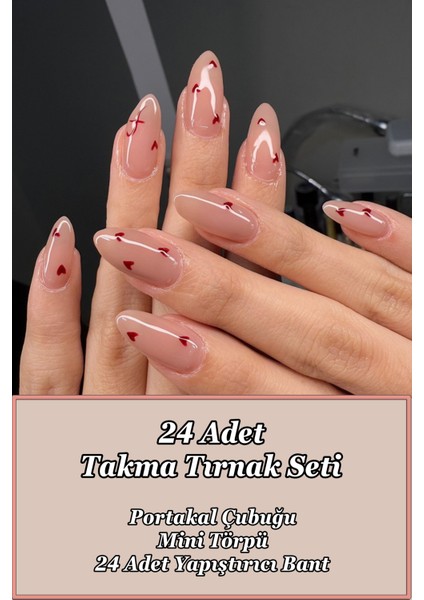 Badem Tırnak Kalp Desenli Orta Uzunlukta 24 Adet Takma Tırnak Seti W1839 indirimleri