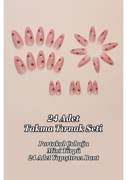 Badem Tırnak Kalp Desenli Orta Uzunlukta 24 Adet Takma Tırnak Seti W1839