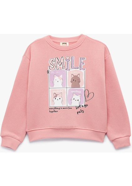 Uzun Kollu Bisiklet Yaka Şardonlu Kedi Baskılı Sweatshirt