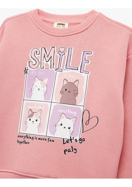 Uzun Kollu Bisiklet Yaka Şardonlu Kedi Baskılı Sweatshirt modelleri