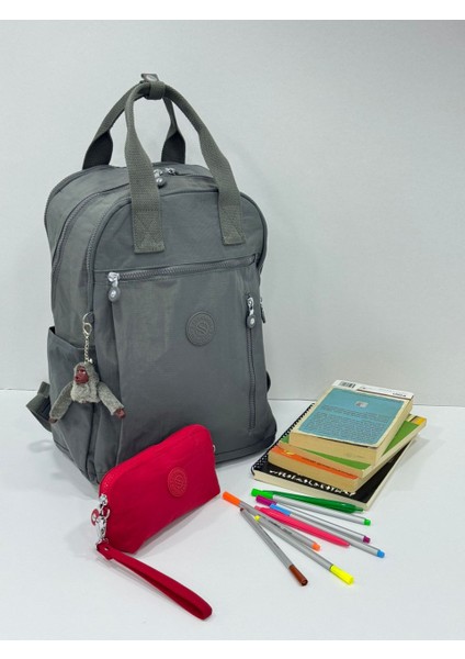 Unisex Suya Dayanıklı Krinkıl Kumaş Sırt Çantası ve Cüzdan Tipi Askılı Kalemlik