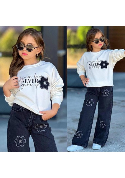 Kız Çocuk (Ayarlanabilir Bel) Sweat & Çiçek Nakışlı Kot Pantolon Takım 2610E indirimleri