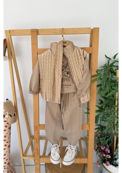 Çiçek Baskılı Desenli Yelekli Kız Çocuk 3 lü takım - Kahve