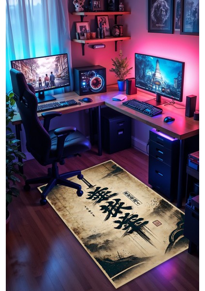 Japon Katana Desenli Kaymaz Taban Makinede Yıkanabilir Gaming Oyuncu Gamer Genç Odası Halısı fiyatları