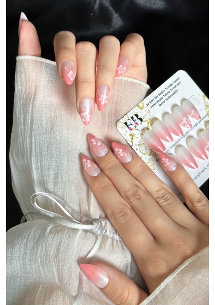 Kısa Badem 24 Adet Çiçek Desenli Takma Tırnak Seti W1802 modelleri