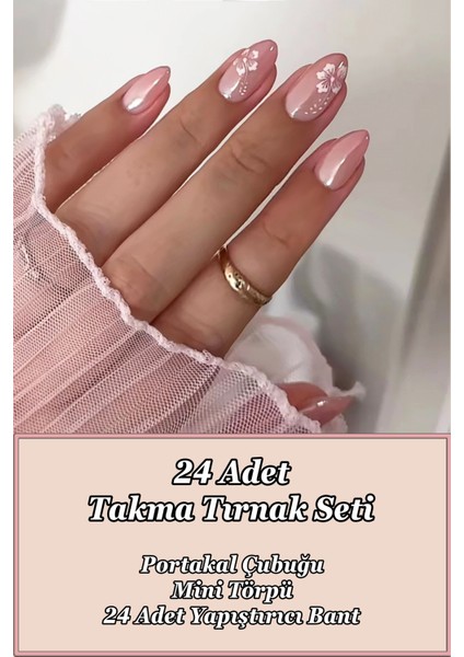 Kısa Badem 24 Adet Çiçek Desenli Takma Tırnak Seti W1802 indirimleri