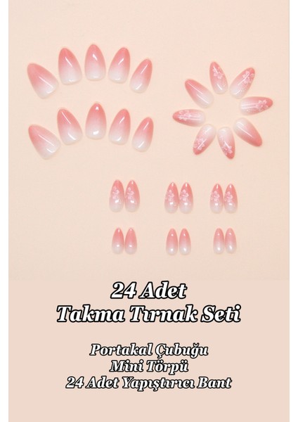 Kısa Badem 24 Adet Çiçek Desenli Takma Tırnak Seti W1802