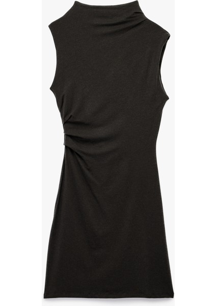 Slim Fit Drape Detaylı Dik Yaka Kolsuz Mini Elbise