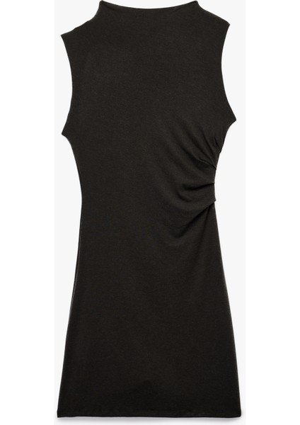 Slim Fit Drape Detaylı Dik Yaka Kolsuz Mini Elbise fiyatları