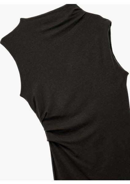 Slim Fit Drape Detaylı Dik Yaka Kolsuz Mini Elbise modelleri