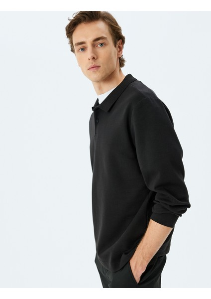 Polo Yaka Sweatshirt Basic Düğmeli Pamuklu Interlok Kumaş