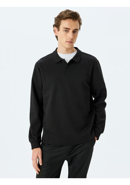 Polo Yaka Sweatshirt Basic Düğmeli Pamuklu Interlok Kumaş modelleri