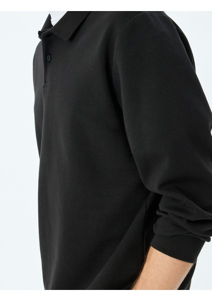 Polo Yaka Sweatshirt Basic Düğmeli Pamuklu Interlok Kumaş indirimleri