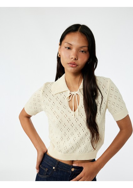 Ajurlu Bebe Yaka Fiyonklu Kısa Kollu Triko Kazak fiyatları