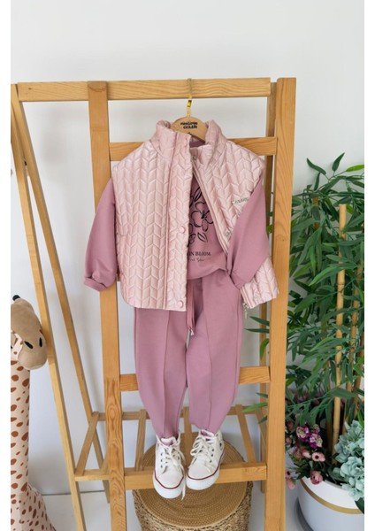 Çiçek Baskılı Desenli Yelekli Kız Çocuk 3 lü takım - Pembe