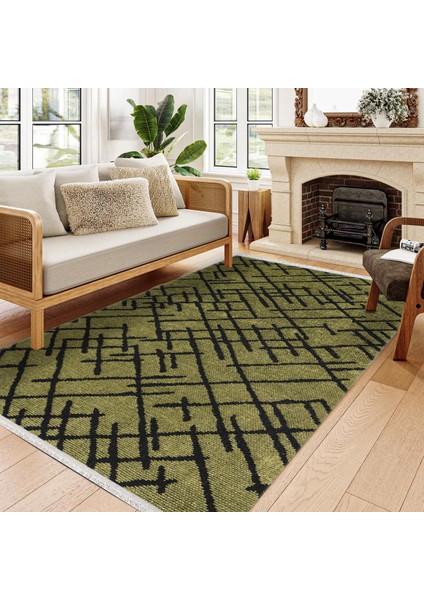 Geometrik Yeşil Pamuk Dikdörtgen Modern Desenli Pamuk Makinada Yıkanabilir Hav Toz Vermez Leke Tutmayan Kaymaz Taban Dijital Makine Baskı Salon Yolluk Mutfak Halı fırsatları