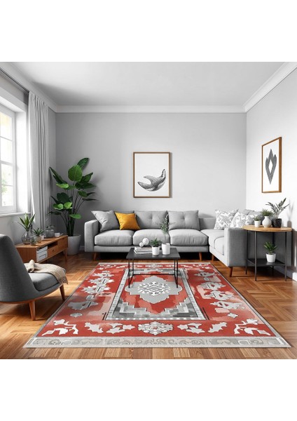 Çerçeveli Kırmızı Pamuk Dikdörtgen Modern Desenli Pamuk Makinada Yıkanabilir Hav Toz Vermez Leke Tutmayan Kaymaz Taban Dijital Makine Baskı Salon Yolluk Mutfak Halı modelleri