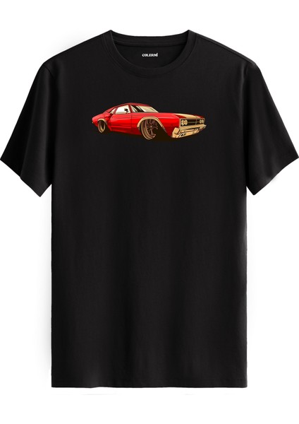Klasik Araba Baskılı Retro Tarz %100 Pamuk Rahat Tişört