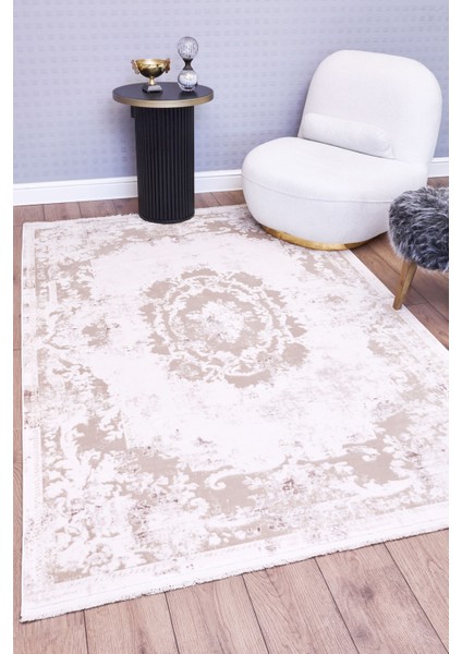 Priyan Ekru Göbekli Etnik Modern Desenli Viskon Hav Vermeyen Leke Tutmayan Kolay Temizlenen Yumuşak Makine Salon Yolluk Mutfak Halı