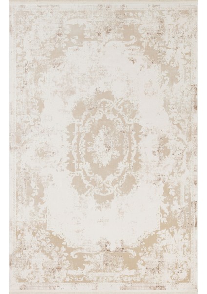 Priyan Ekru Göbekli Etnik Modern Desenli Viskon Hav Vermeyen Leke Tutmayan Kolay Temizlenen Yumuşak Makine Salon Yolluk Mutfak Halı indirimleri