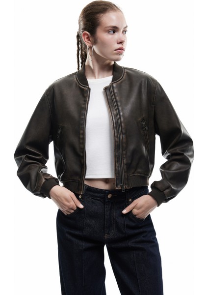Uzun Kollu Fermuarlı Cepli Suni Deri Bomber Ceket