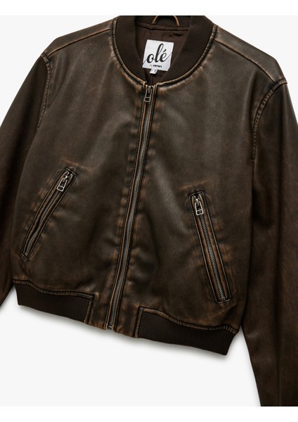 Uzun Kollu Fermuarlı Cepli Suni Deri Bomber Ceket indirimleri