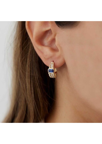 Sıralı Top Detaylı Gece Mavisi Küpe