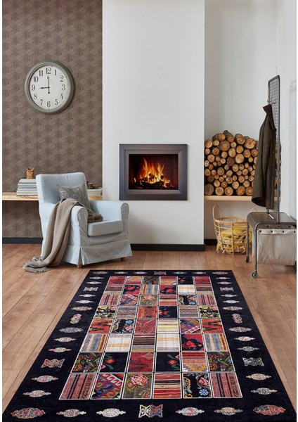 Calgary Siyah Patchwork Etnik Modern Desenli Makinada Yıkanabilir Hav Toz Vermez Leke Tutmayan Kaymaz Taban Dijital Makine Baskı Salon Yolluk Mutfak Halı modelleri