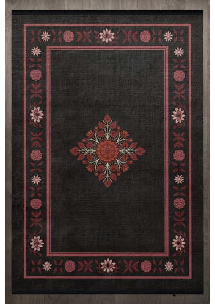 Çiçekli Siyah Pamuk Dikdörtgen Modern Desenli Pamuk Makinada Yıkanabilir Hav Toz Vermez Leke Tutmayan Kaymaz Taban Dijital Makine Baskı Salon Yolluk Mutfak Halı