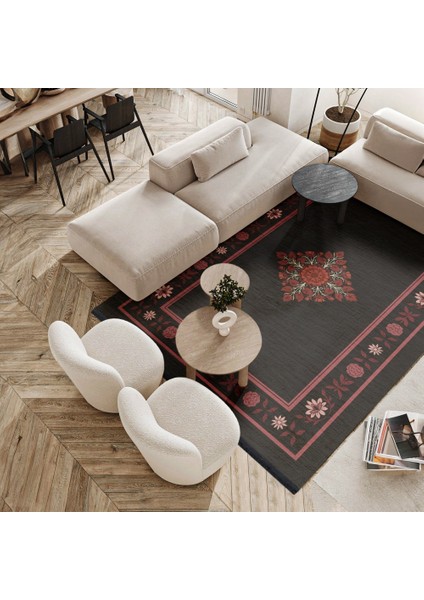 Çiçekli Siyah Pamuk Dikdörtgen Modern Desenli Pamuk Makinada Yıkanabilir Hav Toz Vermez Leke Tutmayan Kaymaz Taban Dijital Makine Baskı Salon Yolluk Mutfak Halı modelleri