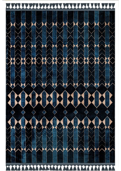 Princy Lacivert Modern Etnik Desenli Kadife Makinada Yıkanabilir Hav Toz Vermez Leke Tutmayan Kaymaz Taban Dijital Makine Baskı Salon Yolluk Mutfak Halı