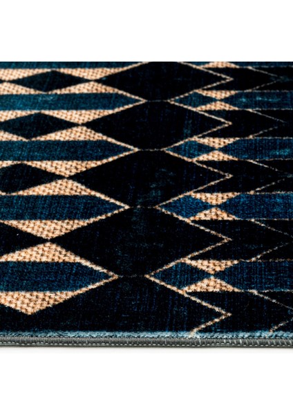 Princy Lacivert Modern Etnik Desenli Kadife Makinada Yıkanabilir Hav Toz Vermez Leke Tutmayan Kaymaz Taban Dijital Makine Baskı Salon Yolluk Mutfak Halı modelleri