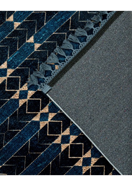 Princy Lacivert Modern Etnik Desenli Kadife Makinada Yıkanabilir Hav Toz Vermez Leke Tutmayan Kaymaz Taban Dijital Makine Baskı Salon Yolluk Mutfak Halı fırsatları