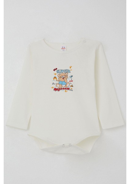 Erkek Bebek Çıtçıtlı Body Avcı Kedicik Baskılı 9 Ay-3 Yaş, Ekru