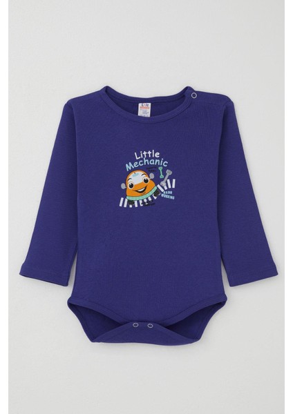 Erkek Bebek Çıtçıtlı Zıbın Body Küçük Tamirci Baskılı 9 Ay-3 Yaş, Saks Mavisi