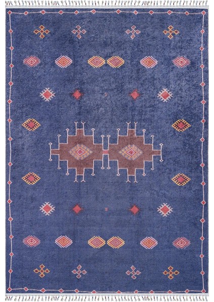 Miedzychod Lacivert Göbekli Etnik Modern Desenli Makinada Yıkanabilir Hav Toz Vermez Leke Tutmayan Kaymaz Taban Dijital Makine Baskı Salon Yolluk Mutfak Halı