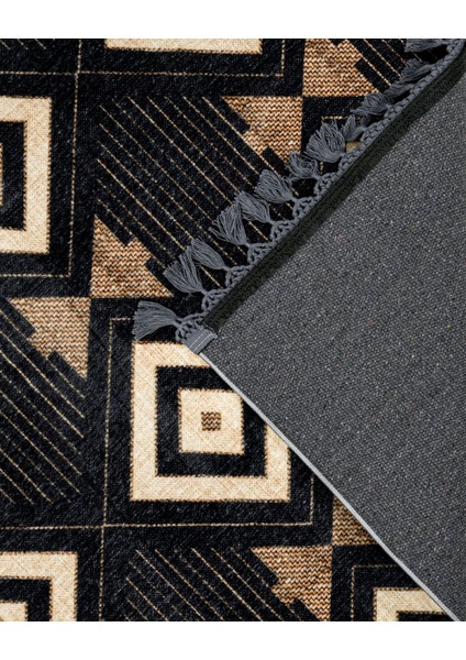 Prasoon Siyah Geometrik Etnik Modern Desenli Kadife Makinada Yıkanabilir Hav Toz Vermez Leke Tutmayan Kaymaz Taban Dijital Makine Baskı Salon Yolluk Mutfak Halı fırsatları