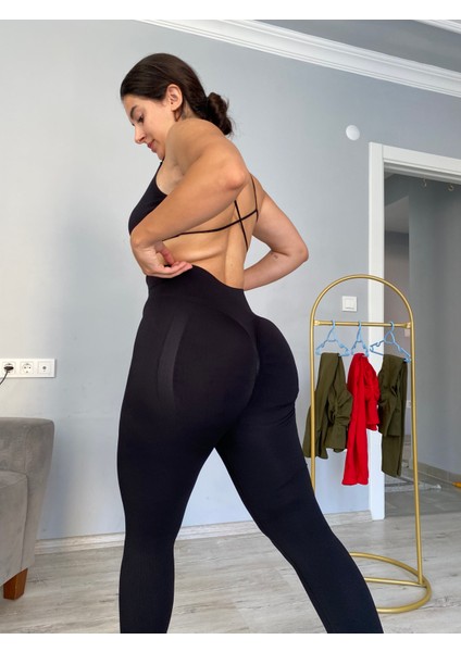 Kalçası Büzgülü Ekstra Push Up Etkili Slimfit Toparlayıcı Siyah Tayt