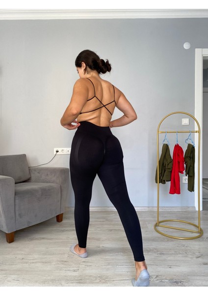 Kalçası Büzgülü Ekstra Push Up Etkili Slimfit Toparlayıcı Siyah Tayt