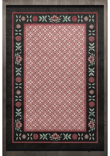 Çiçekli Kırmızı Pamuk Dikdörtgen Modern Desenli Pamuk Makinada Yıkanabilir Hav Toz Vermez Leke Tutmayan Kaymaz Taban Dijital Makine Baskı Salon Yolluk Mutfak Halı