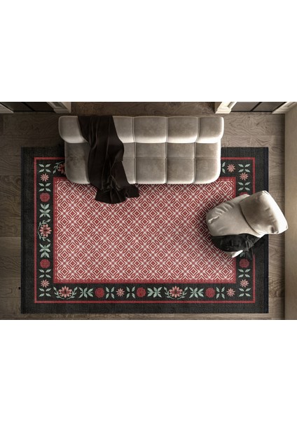 Çiçekli Kırmızı Pamuk Dikdörtgen Modern Desenli Pamuk Makinada Yıkanabilir Hav Toz Vermez Leke Tutmayan Kaymaz Taban Dijital Makine Baskı Salon Yolluk Mutfak Halı fiyatları