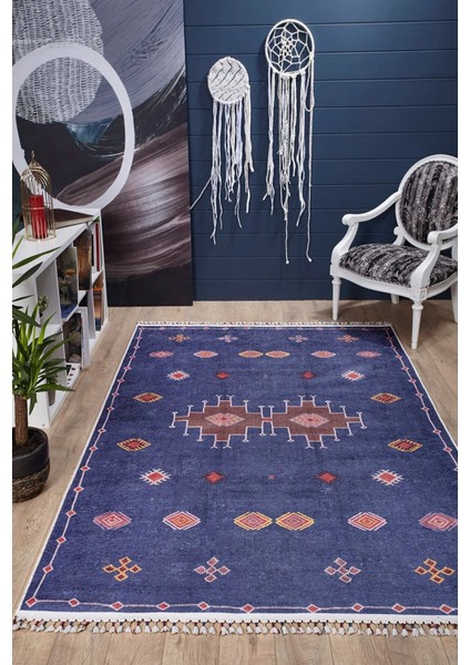 Miedzychod Lacivert Göbekli Etnik Modern Desenli Makinada Yıkanabilir Hav Toz Vermez Leke Tutmayan Kaymaz Taban Dijital Makine Baskı Salon Yolluk Mutfak Halı indirimleri
